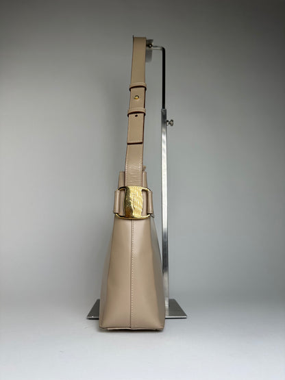 Vintage Ferragamo Grained Leather Shoulder Bag Beige Gold
