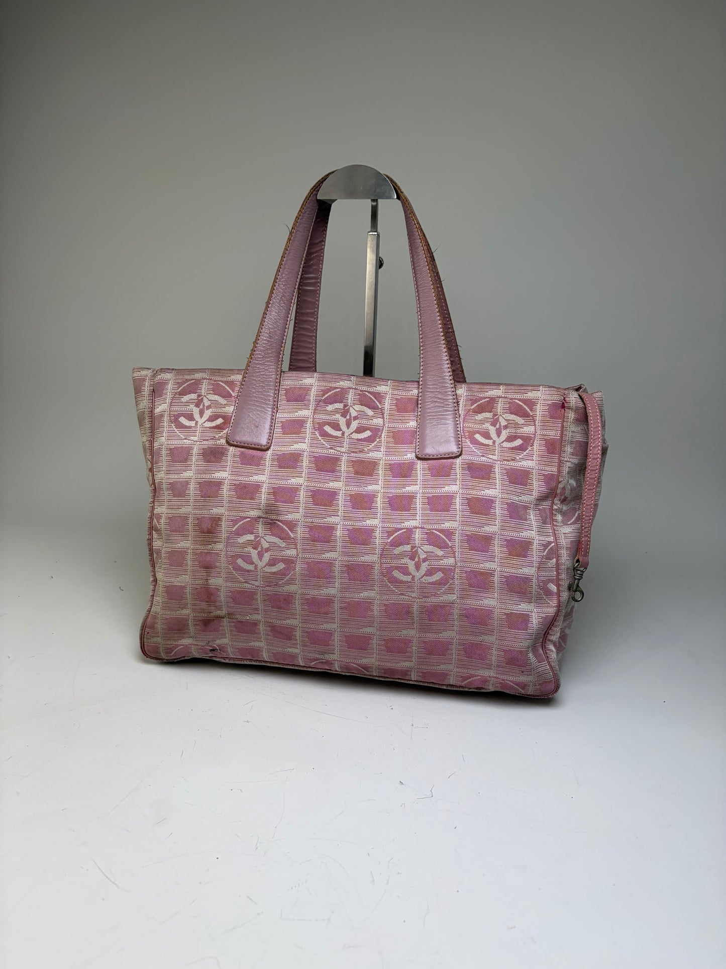Vintage Chanel Canvas Tote Pink Beige Silver