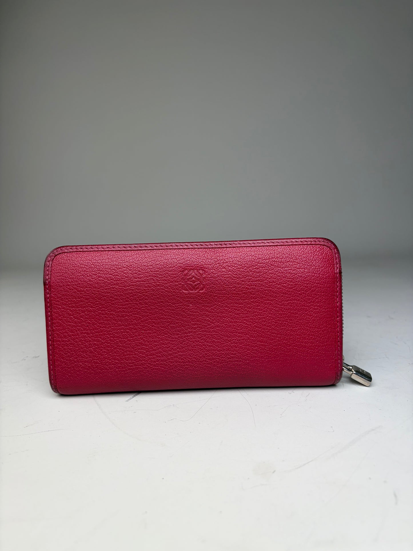 Vintage Loewe Grained Leather Wallet Burgundy Silver