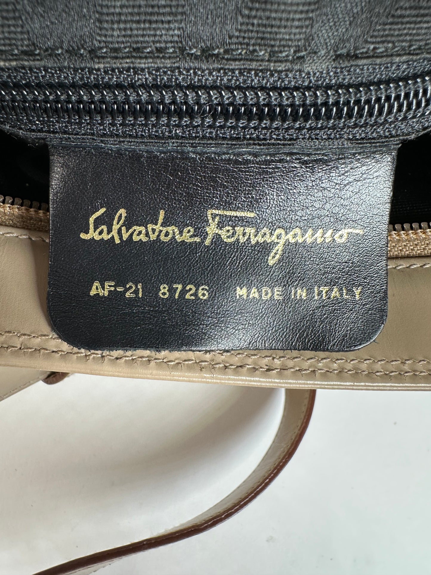 Vintage Ferragamo Grained Leather Shoulder Bag Beige Gold