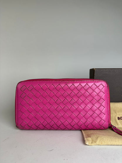 Vintage Bottega Veneta Intrecciato Leather Zip Wallet Fuchsia