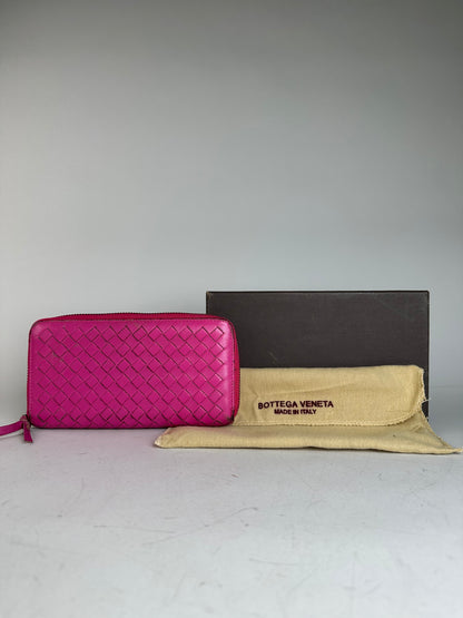 Vintage Bottega Veneta Intrecciato Leather Zip Wallet Fuchsia