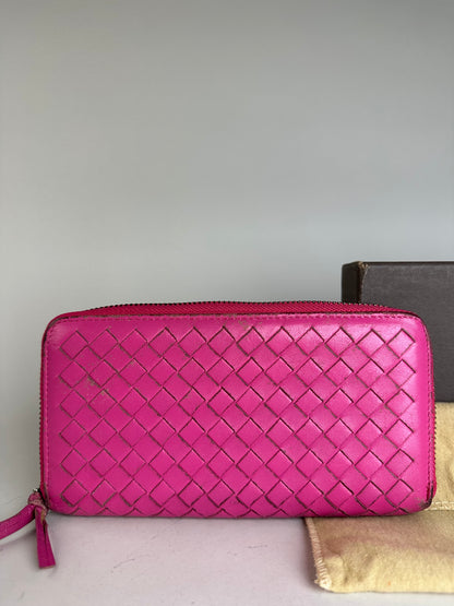 Vintage Bottega Veneta Intrecciato Leather Zip Wallet Fuchsia