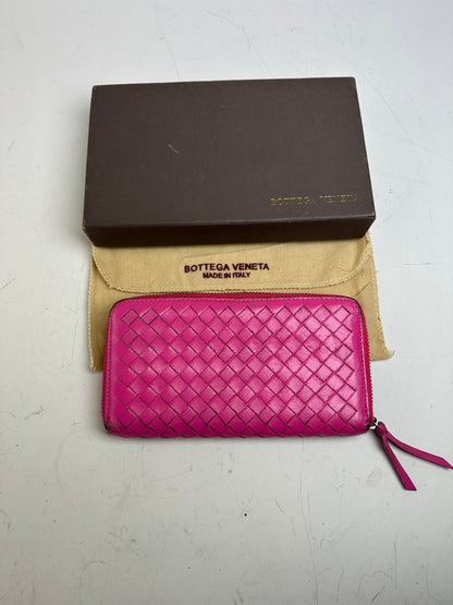 Vintage Bottega Veneta Intrecciato Leather Zip Wallet Fuchsia