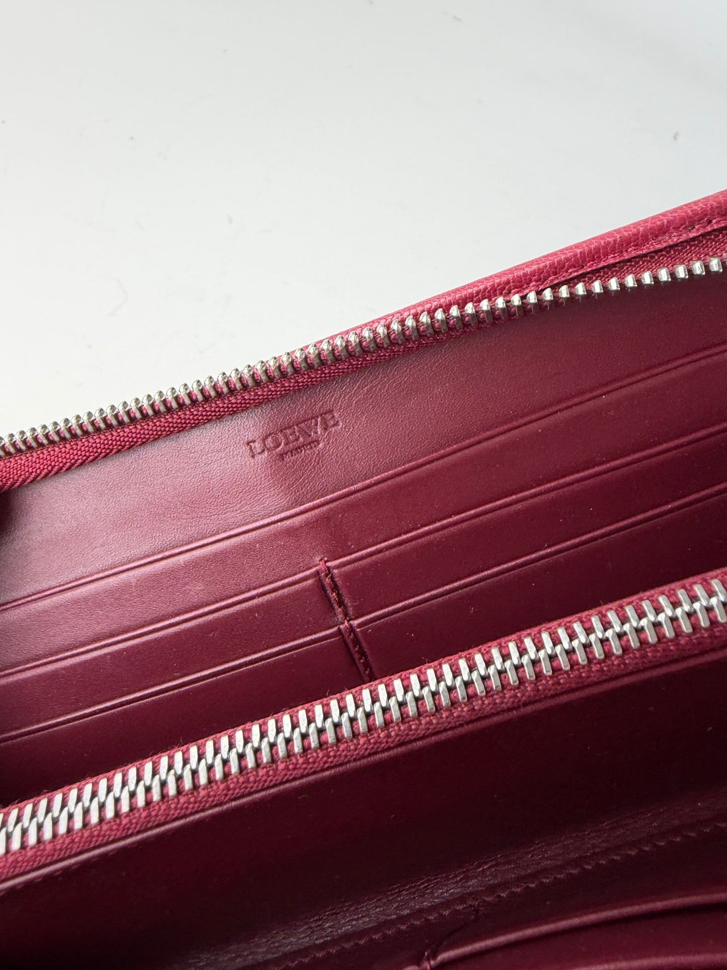 Vintage Loewe Grained Leather Wallet Burgundy Silver
