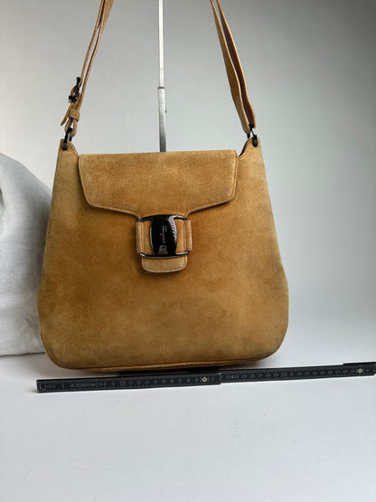 Vintage Salvatore Ferragamo Flap Crossbody Bag Late 1990s Tan Black