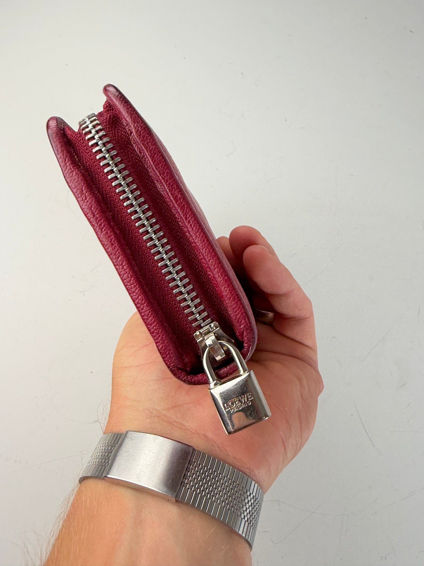 Vintage Loewe Grained Leather Wallet Burgundy Silver