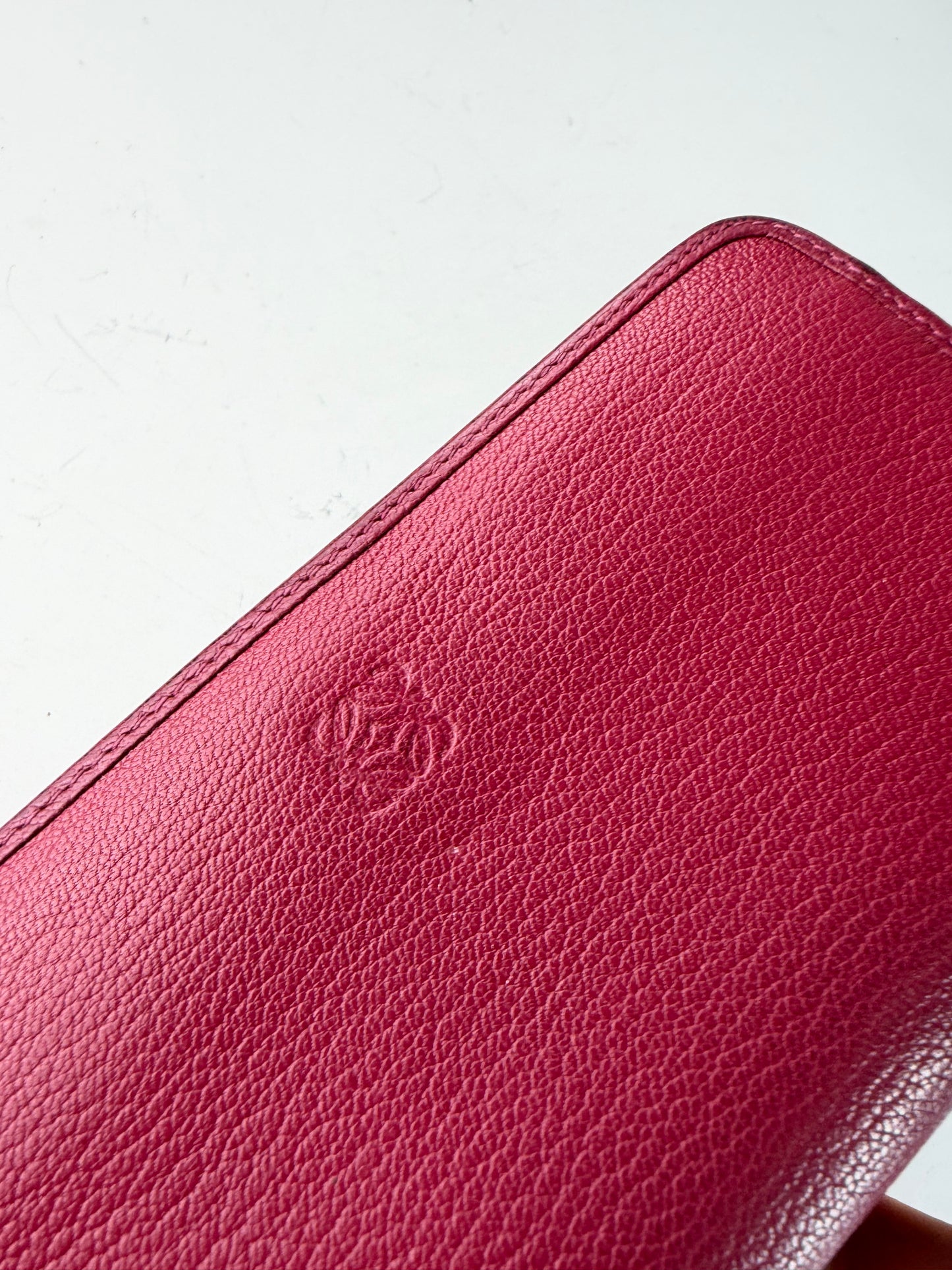 Vintage Loewe Grained Leather Wallet Burgundy Silver
