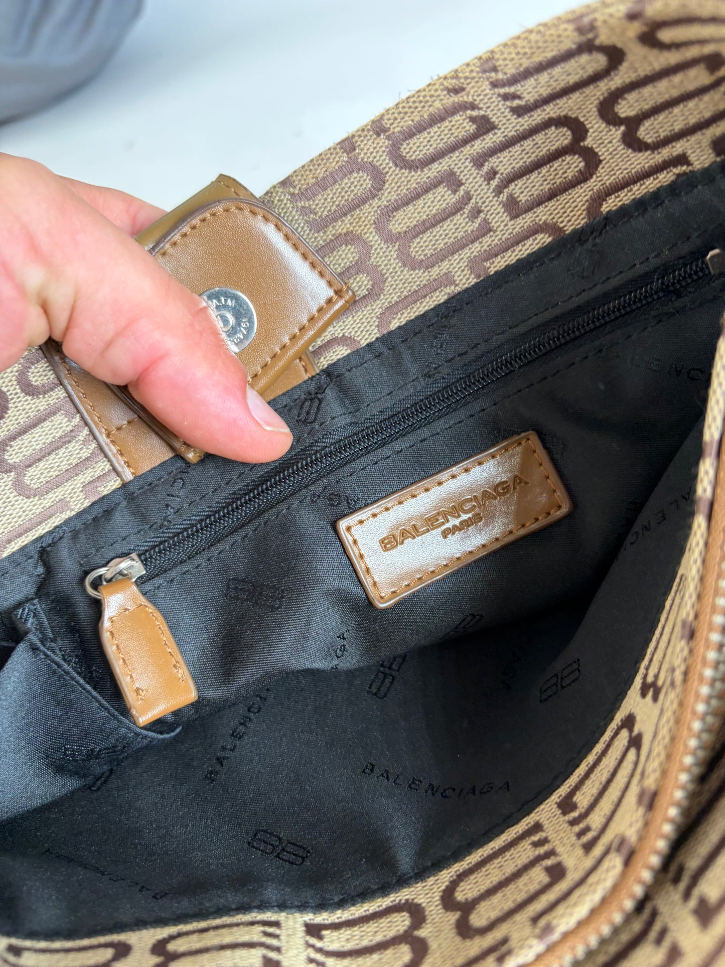 Vintage Balenciaga BB Logo Canvas Shoulder Bag Beige Brown