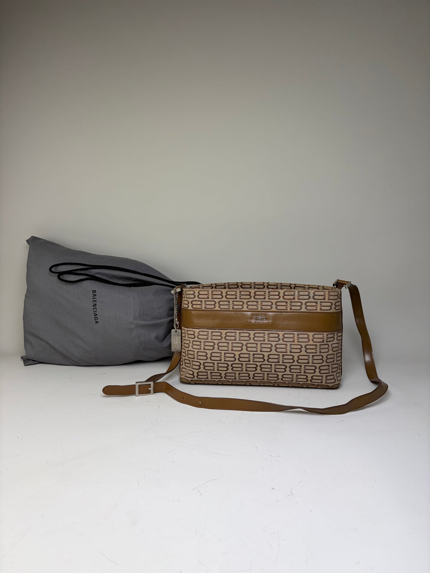 Vintage Balenciaga BB Logo Canvas Shoulder Bag Beige Brown
