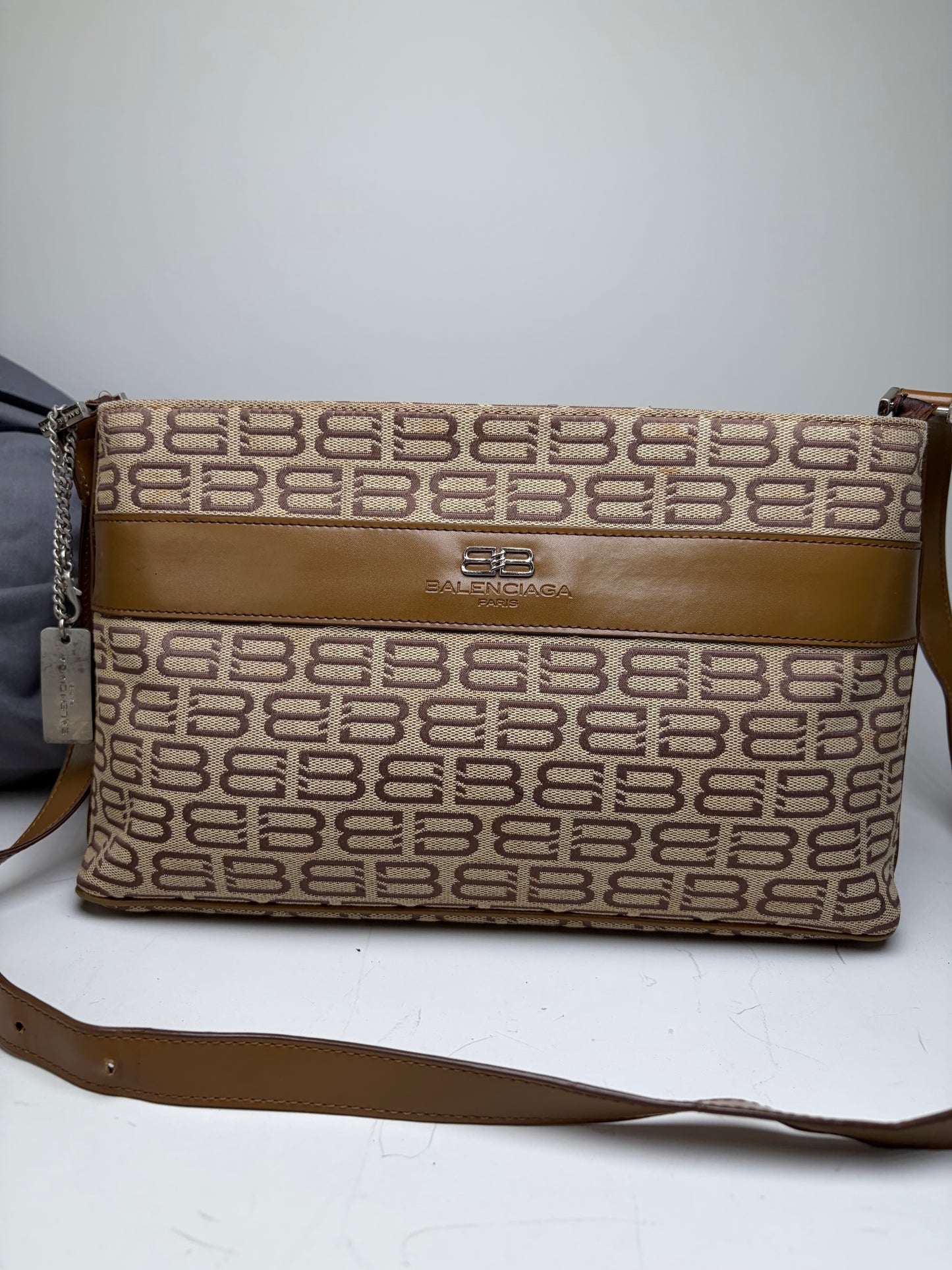 Vintage Balenciaga BB Logo Canvas Shoulder Bag Beige Brown