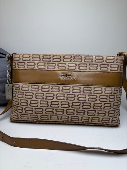 Vintage Balenciaga BB Logo Canvas Shoulder Bag Beige Brown