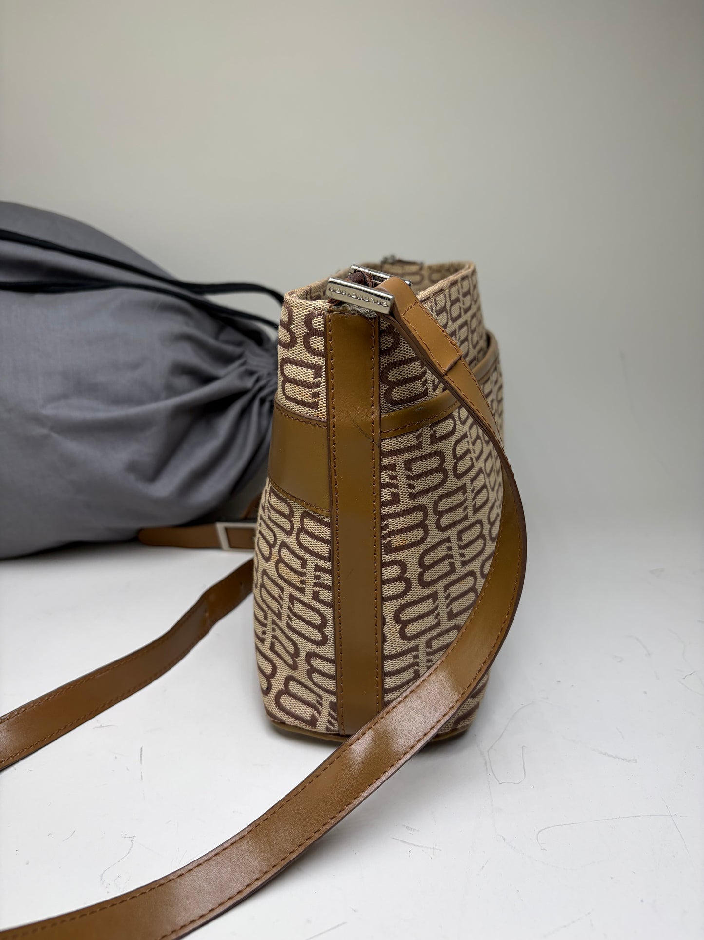 Vintage Balenciaga BB Logo Canvas Shoulder Bag Beige Brown