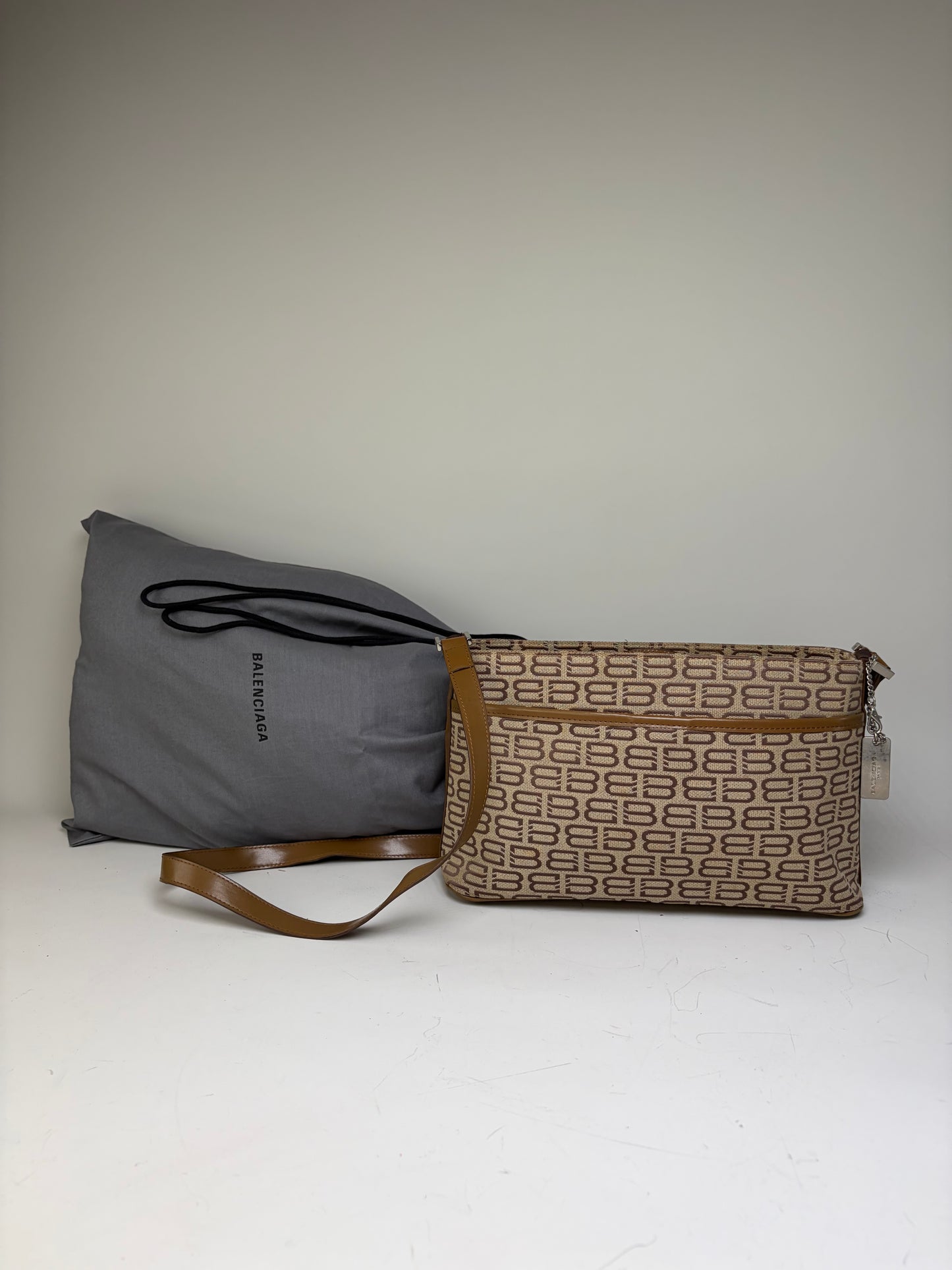 Vintage Balenciaga BB Logo Canvas Shoulder Bag Beige Brown