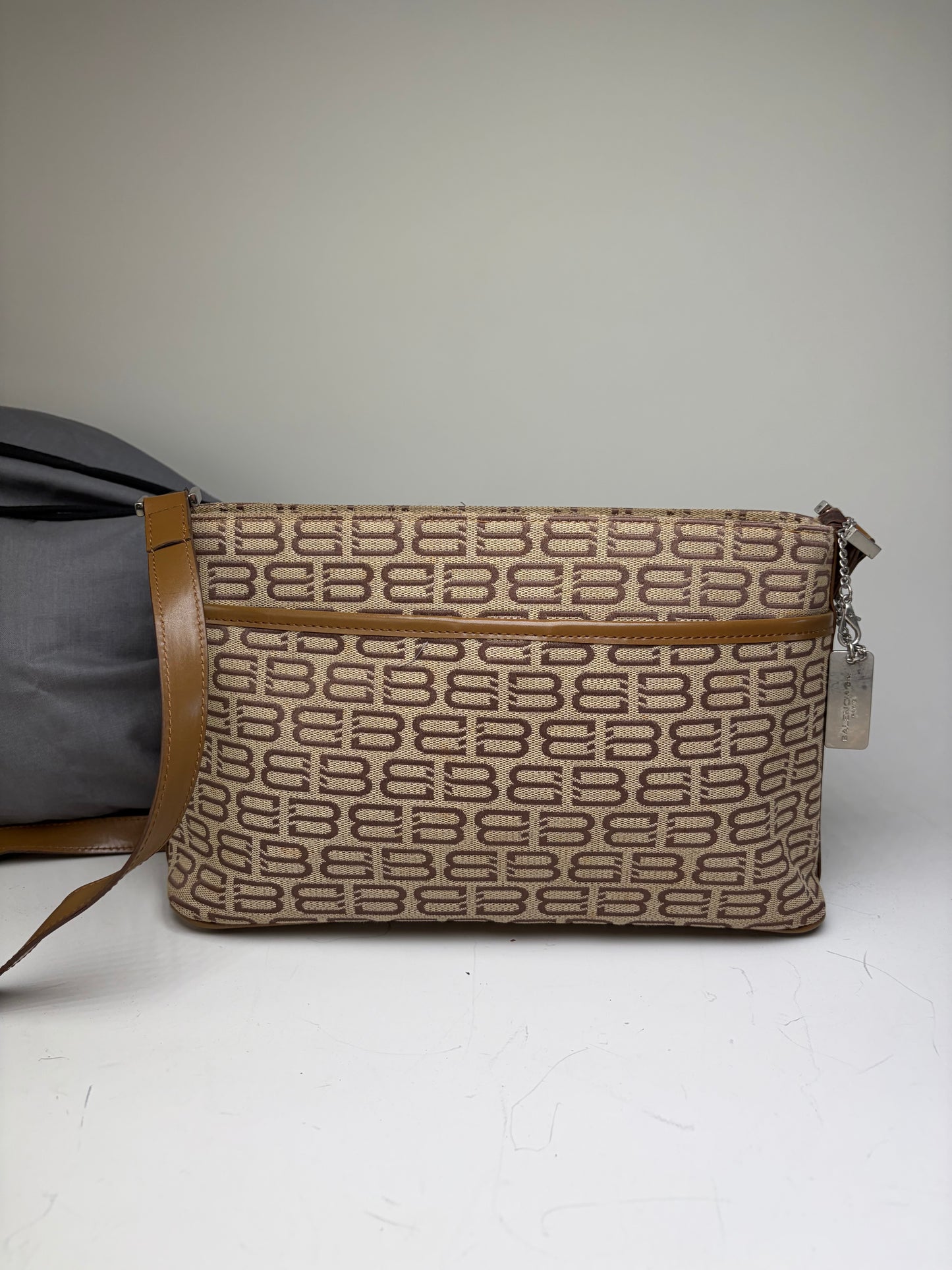 Vintage Balenciaga BB Logo Canvas Shoulder Bag Beige Brown