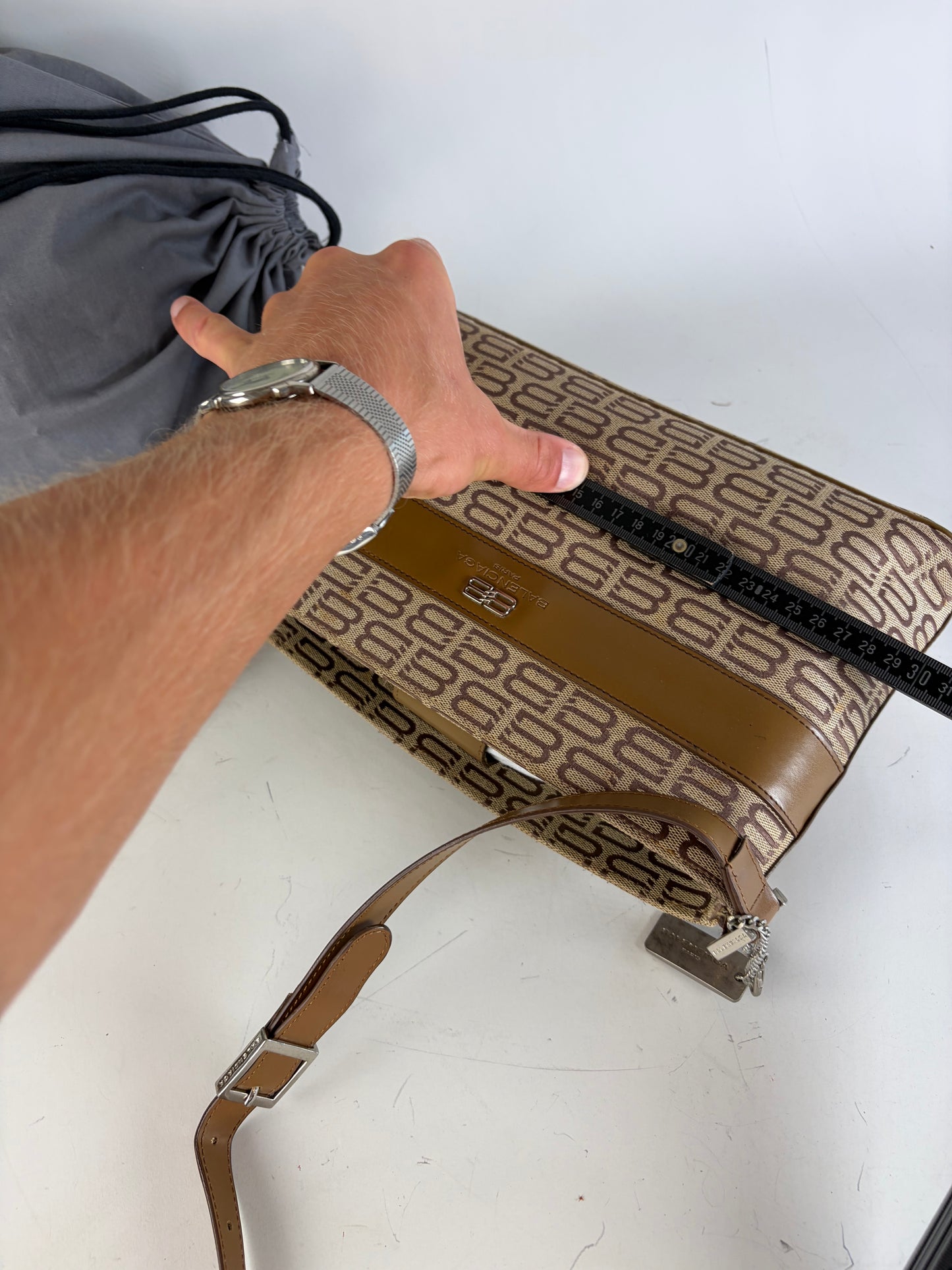 Vintage Balenciaga BB Logo Canvas Shoulder Bag Beige Brown