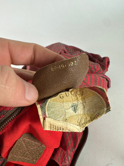 Vintage Gucci 2Way Leather Canvas Tote Bag Red Brown