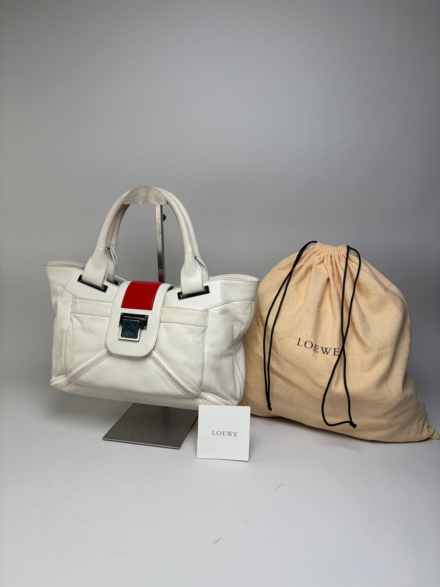 Vintage Loewe Bicolor Leather Handbag White Red Silver