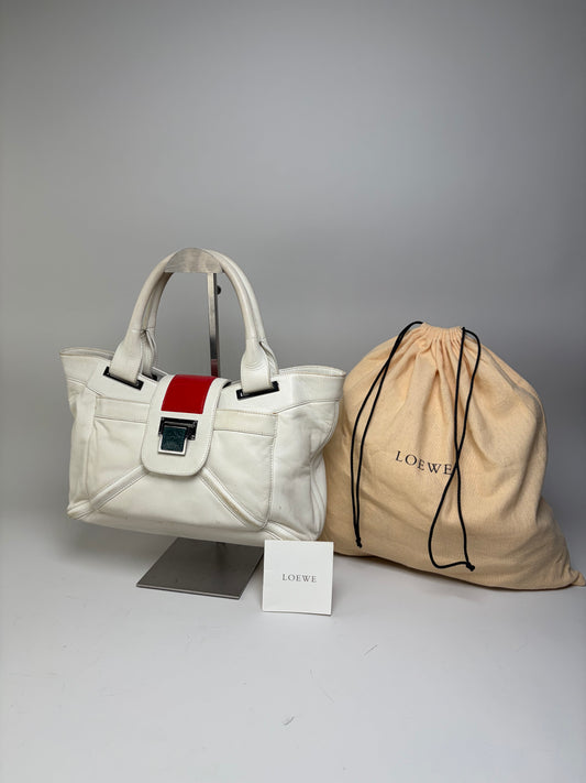 Vintage Loewe Bicolor Leather Handbag White Red Silver