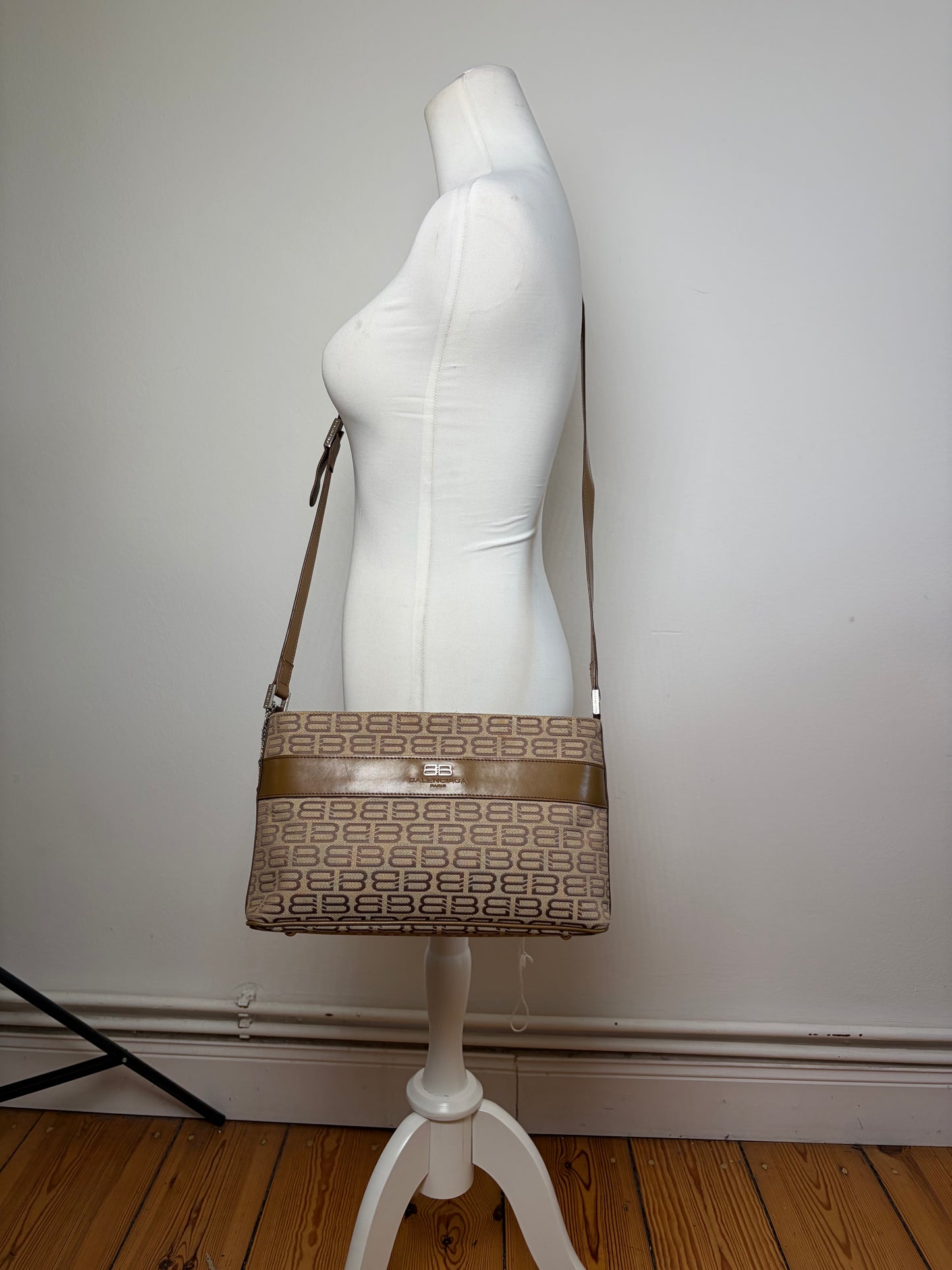Vintage Balenciaga BB Logo Canvas Shoulder Bag Beige Brown