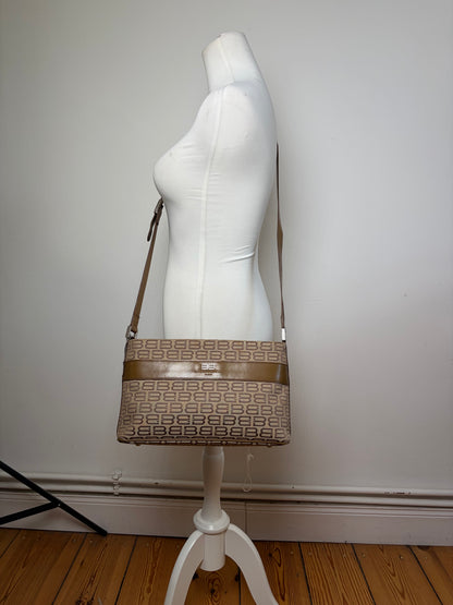 Vintage Balenciaga BB Logo Canvas Shoulder Bag Beige Brown
