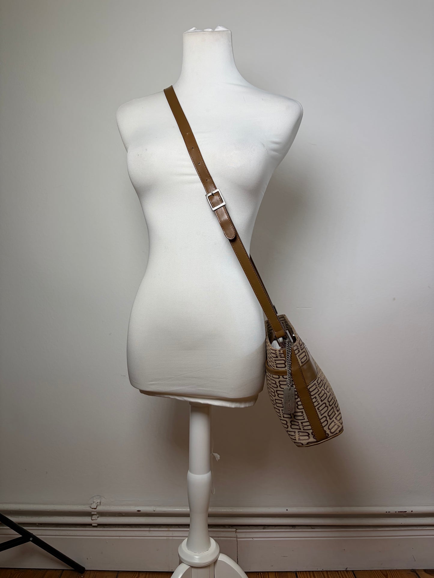 Vintage Balenciaga BB Logo Canvas Shoulder Bag Beige Brown