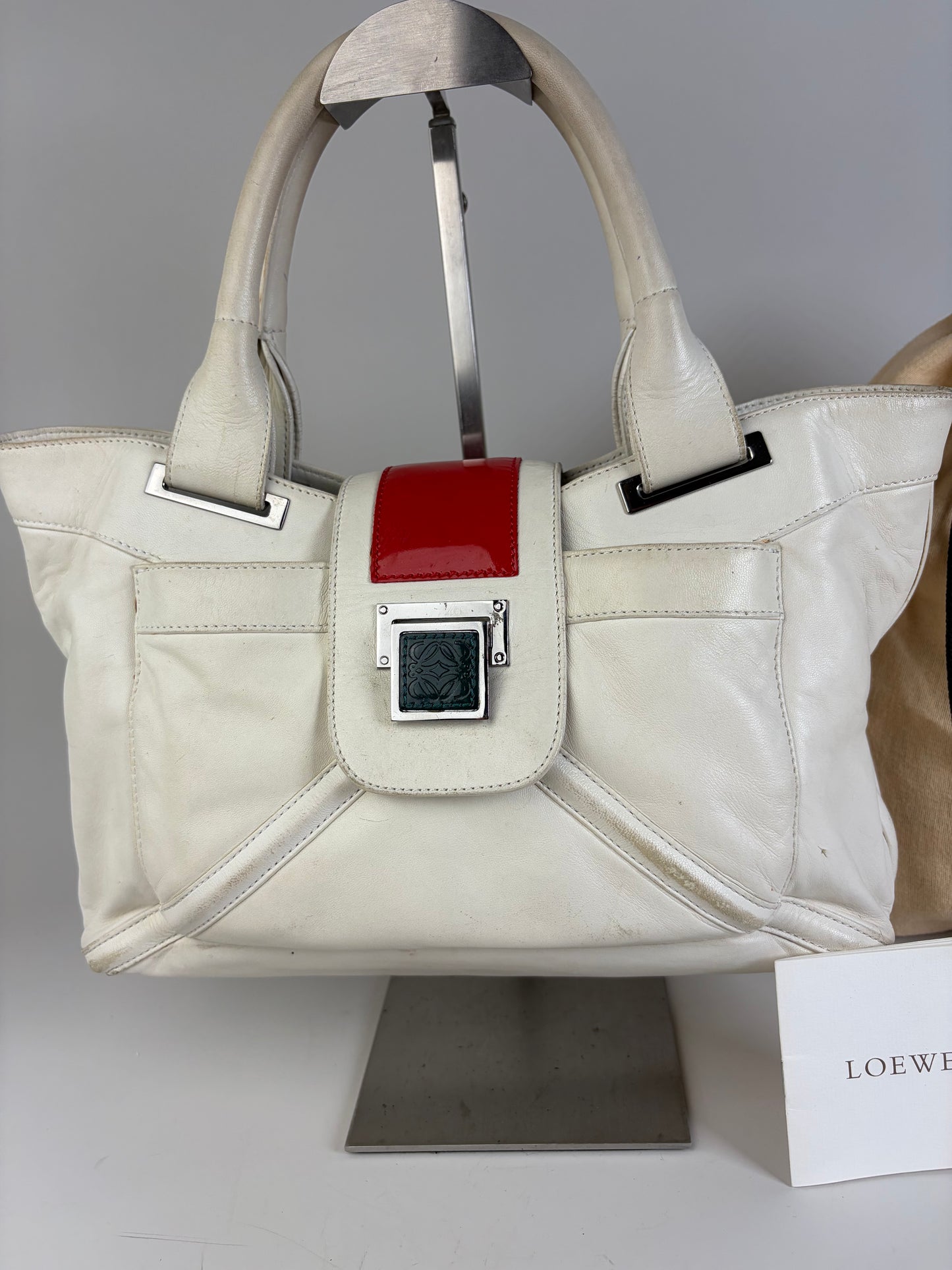 Vintage Loewe Bicolor Leather Handbag White Red Silver