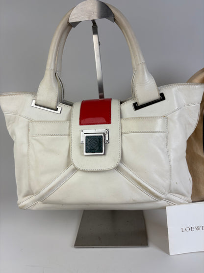 Vintage Loewe Bicolor Leather Handbag White Red Silver