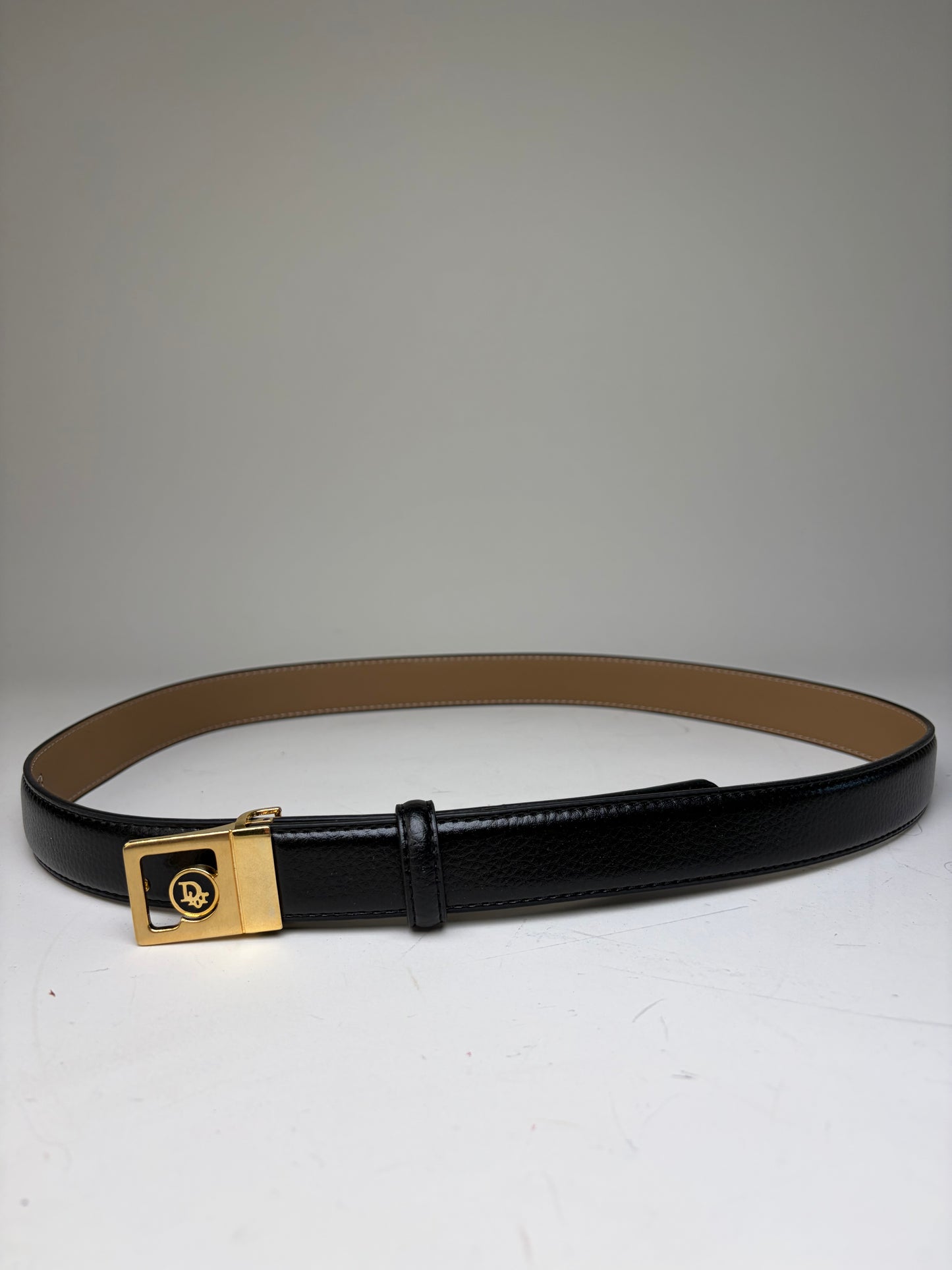 Vintage Dior Leather Belt Black Beige Gold Buckle