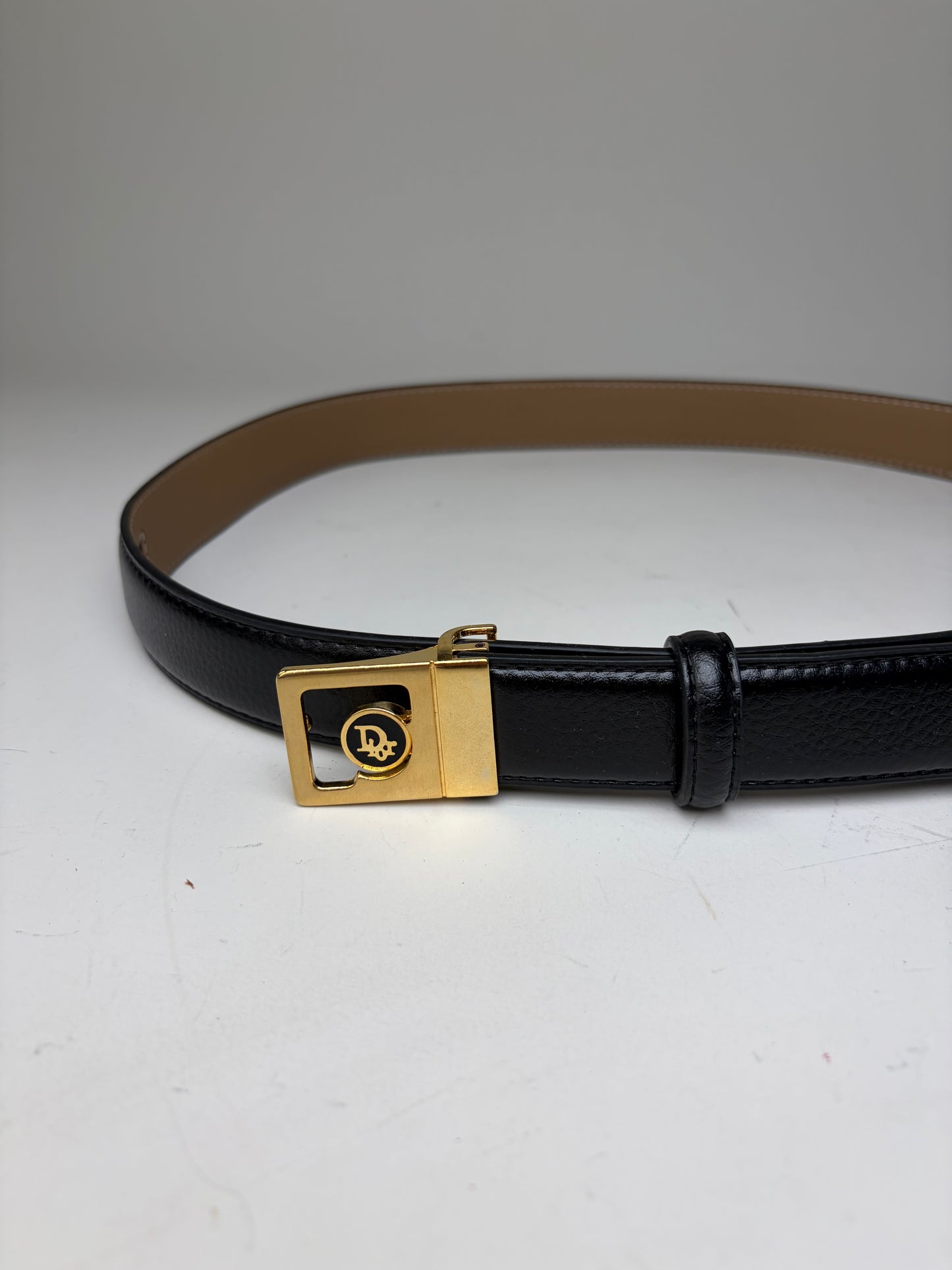 Vintage Dior Leather Belt Black Beige Gold Buckle