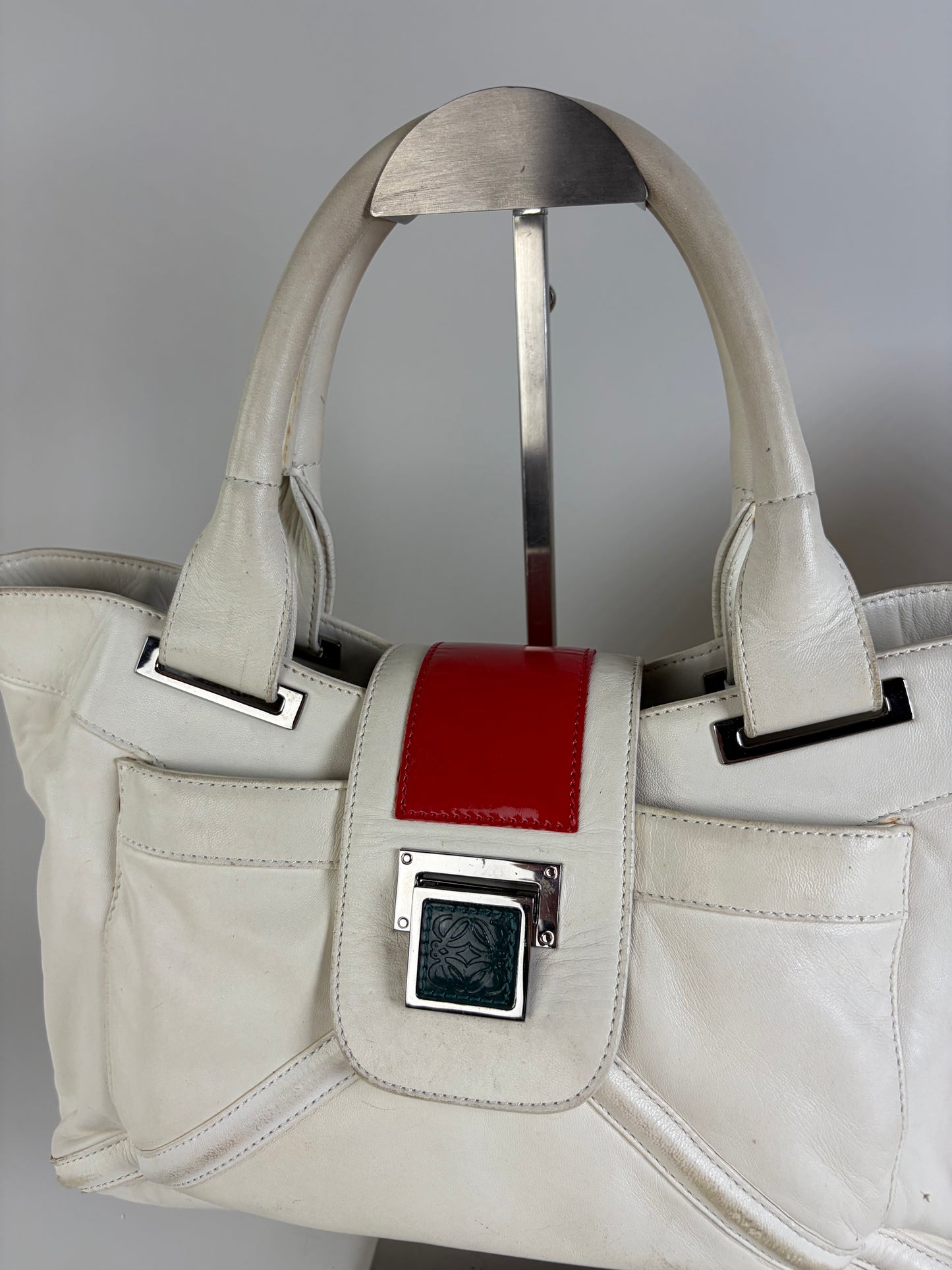 Vintage Loewe Bicolor Leather Handbag White Red Silver