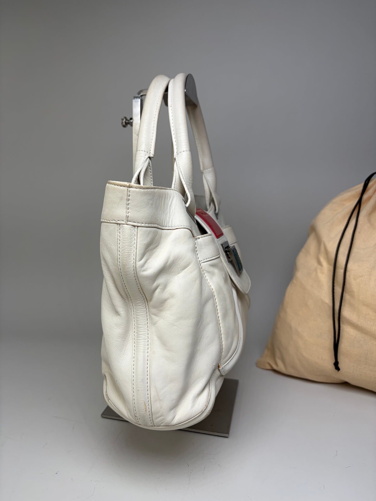 Vintage Loewe Bicolor Leather Handbag White Red Silver