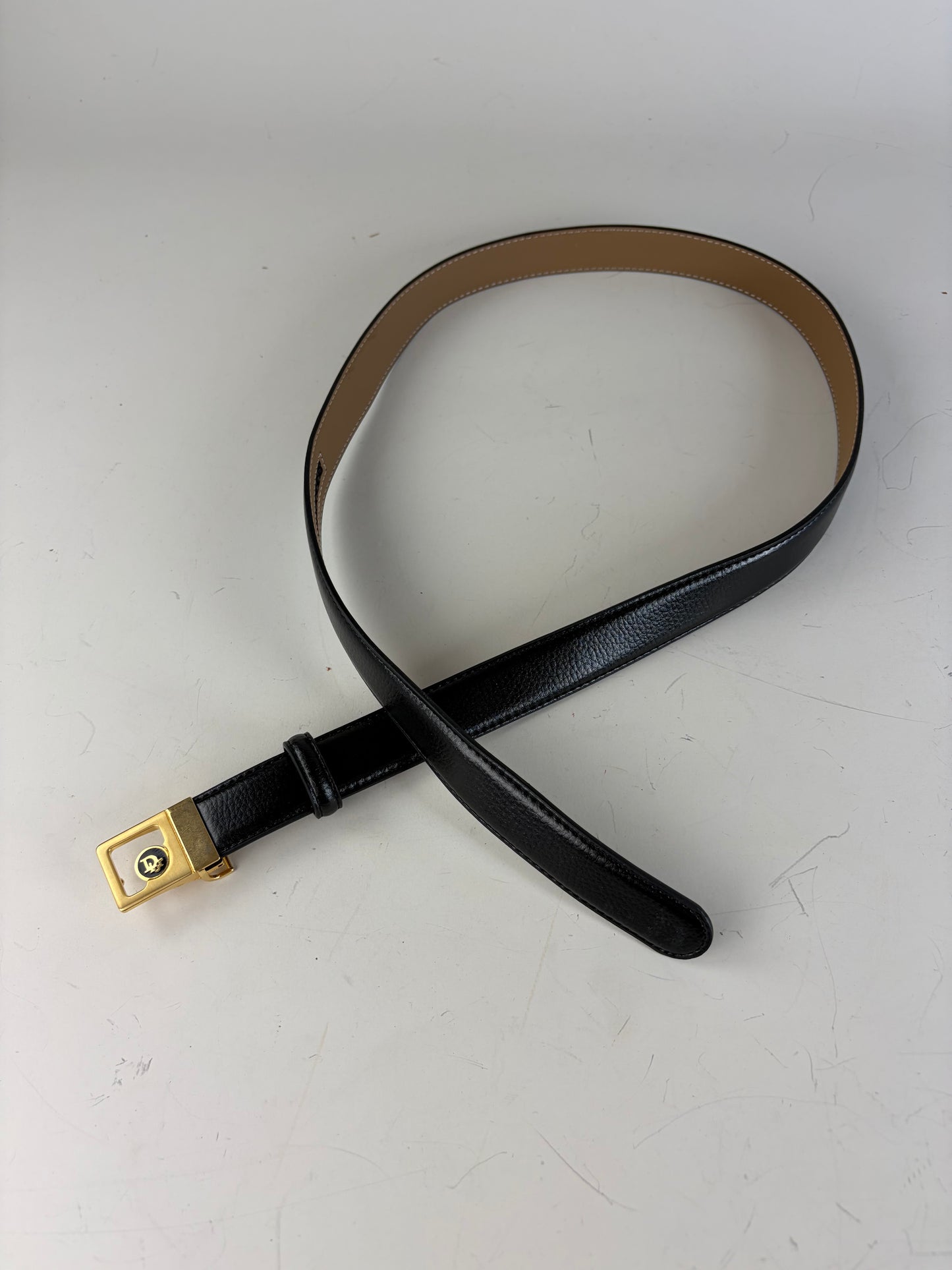 Vintage Dior Leather Belt Black Beige Gold Buckle