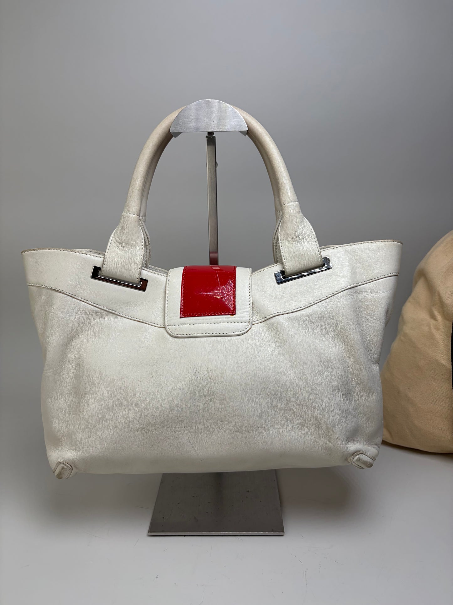 Vintage Loewe Bicolor Leather Handbag White Red Silver