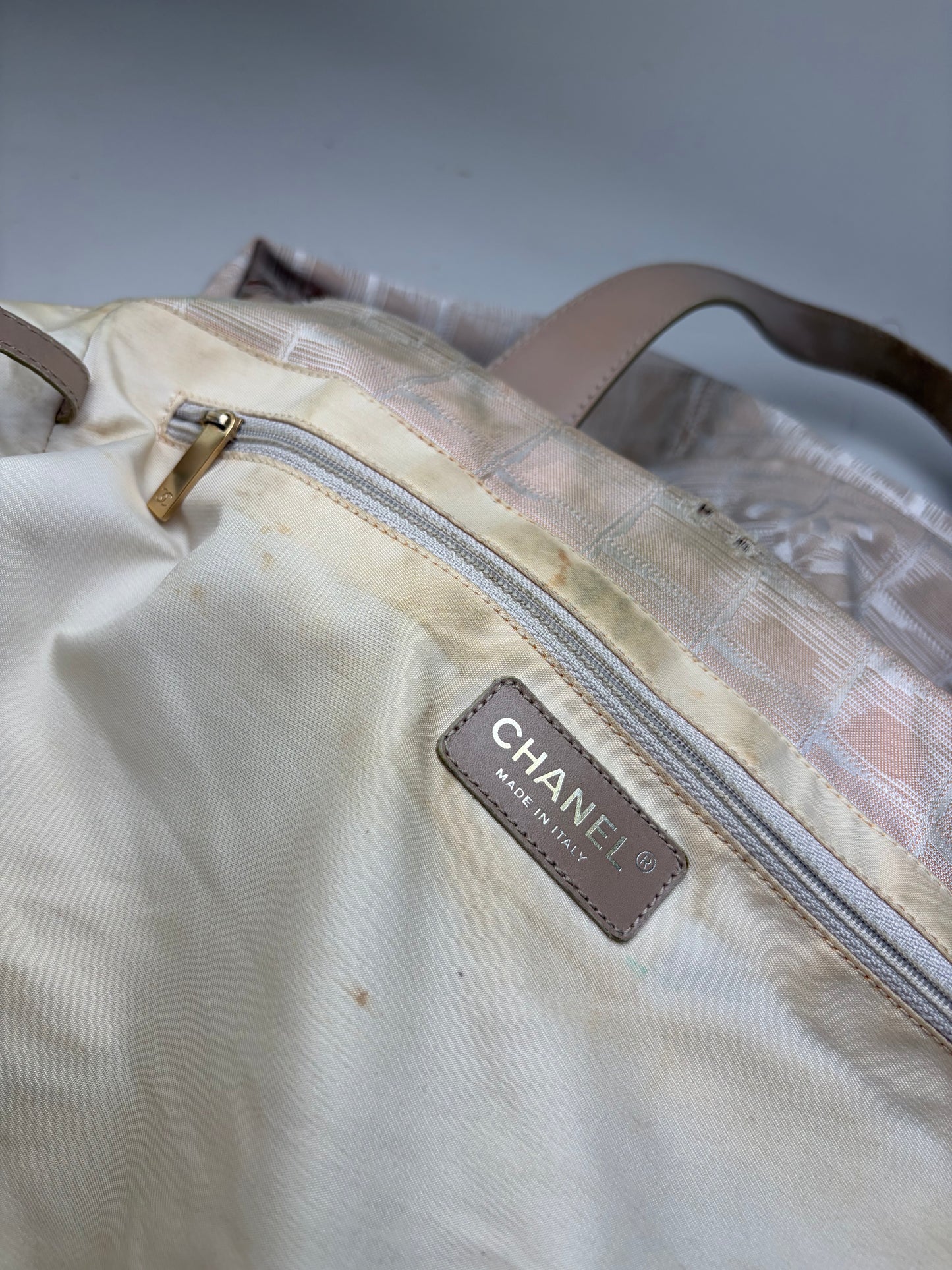 Vintage Chanel Fabric Tote Bag Beige Cream Gold