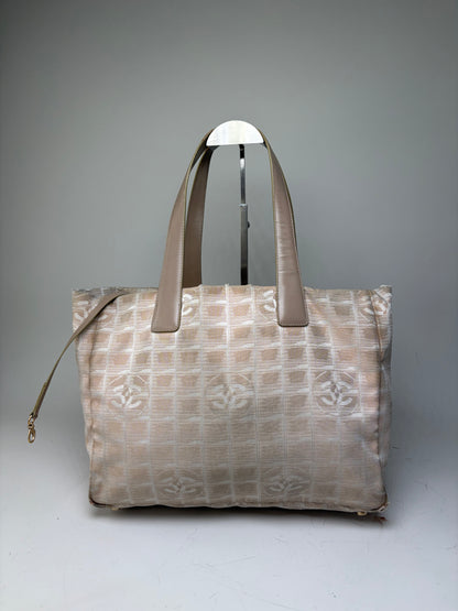 Vintage Chanel Fabric Tote Bag Beige Cream Gold