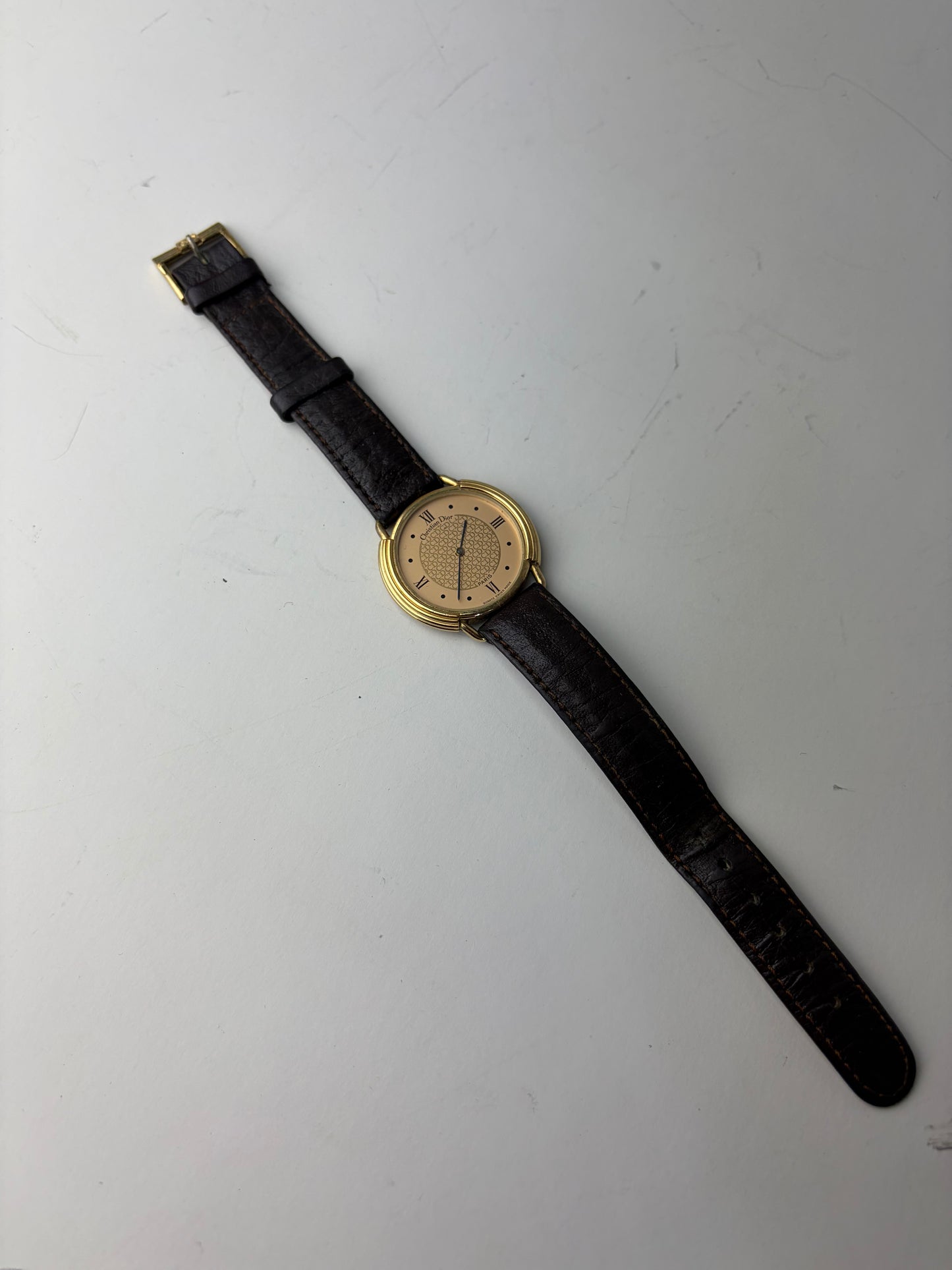 Vintage Dior Bracelet Watch Gold-Tone Brown Leather c. 1990s