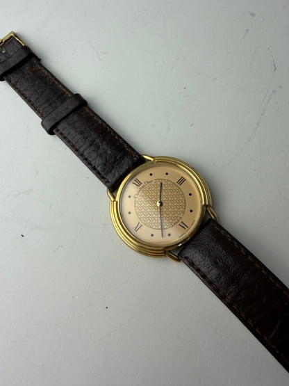 Vintage Dior Bracelet Watch Gold-Tone Brown Leather c. 1990s