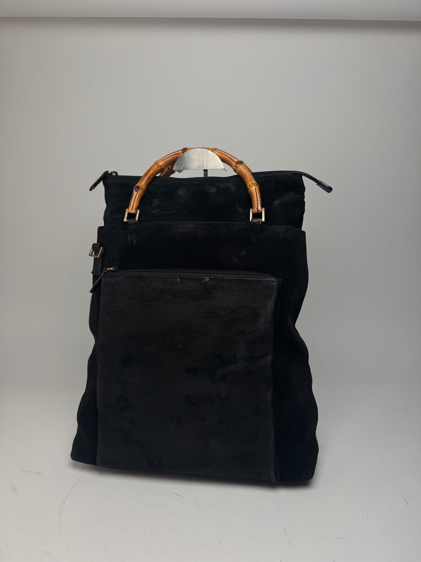Vintage Gucci Bamboo Top Handle Suede Leather Bag black