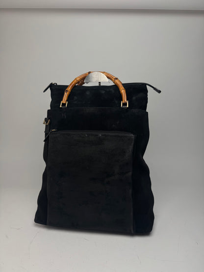 Vintage Gucci Bamboo Top Handle Suede Leather Bag black