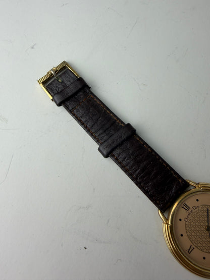 Vintage Dior Bracelet Watch Gold-Tone Brown Leather c. 1990s