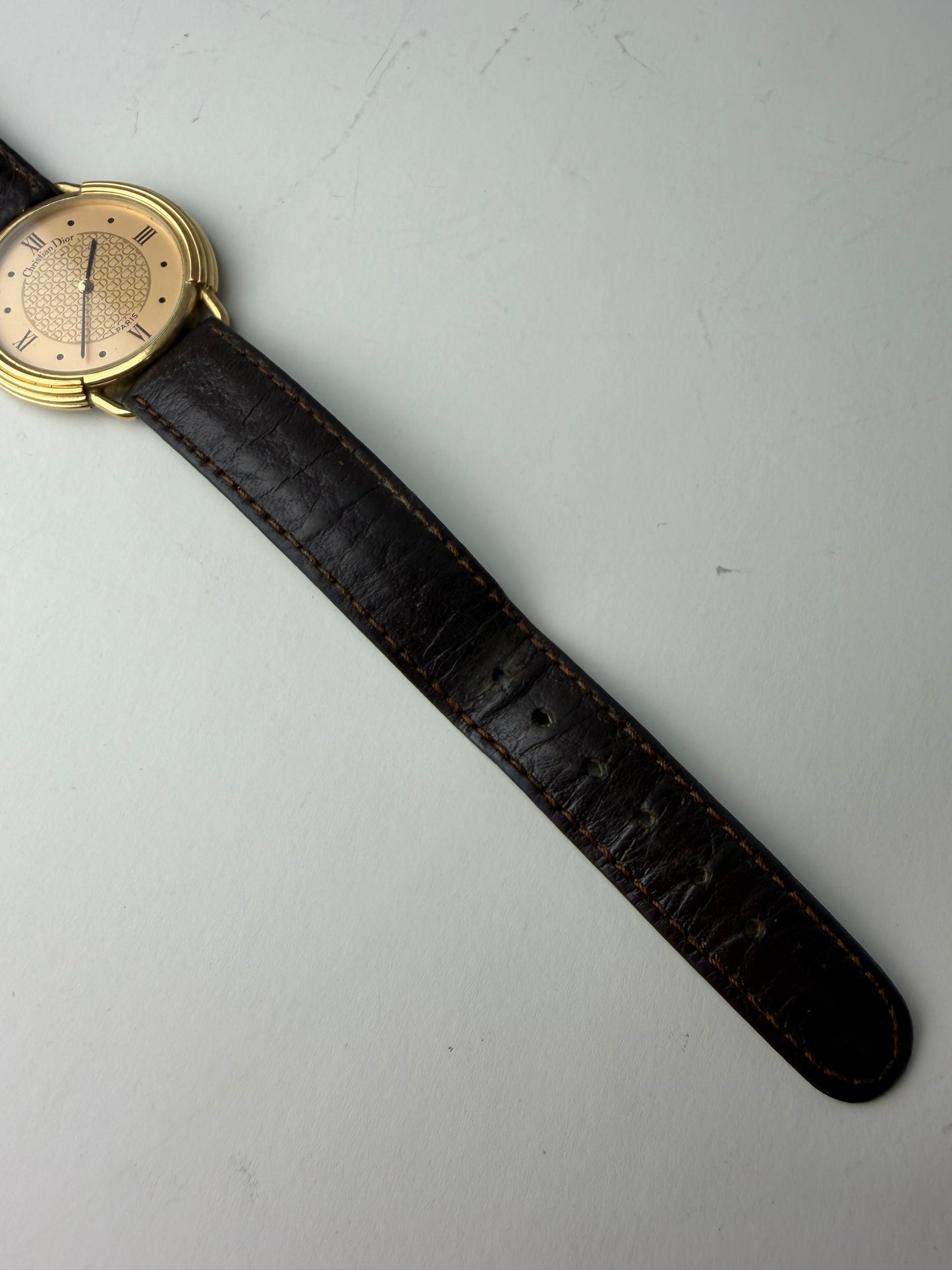 Vintage Dior Bracelet Watch Gold-Tone Brown Leather c. 1990s