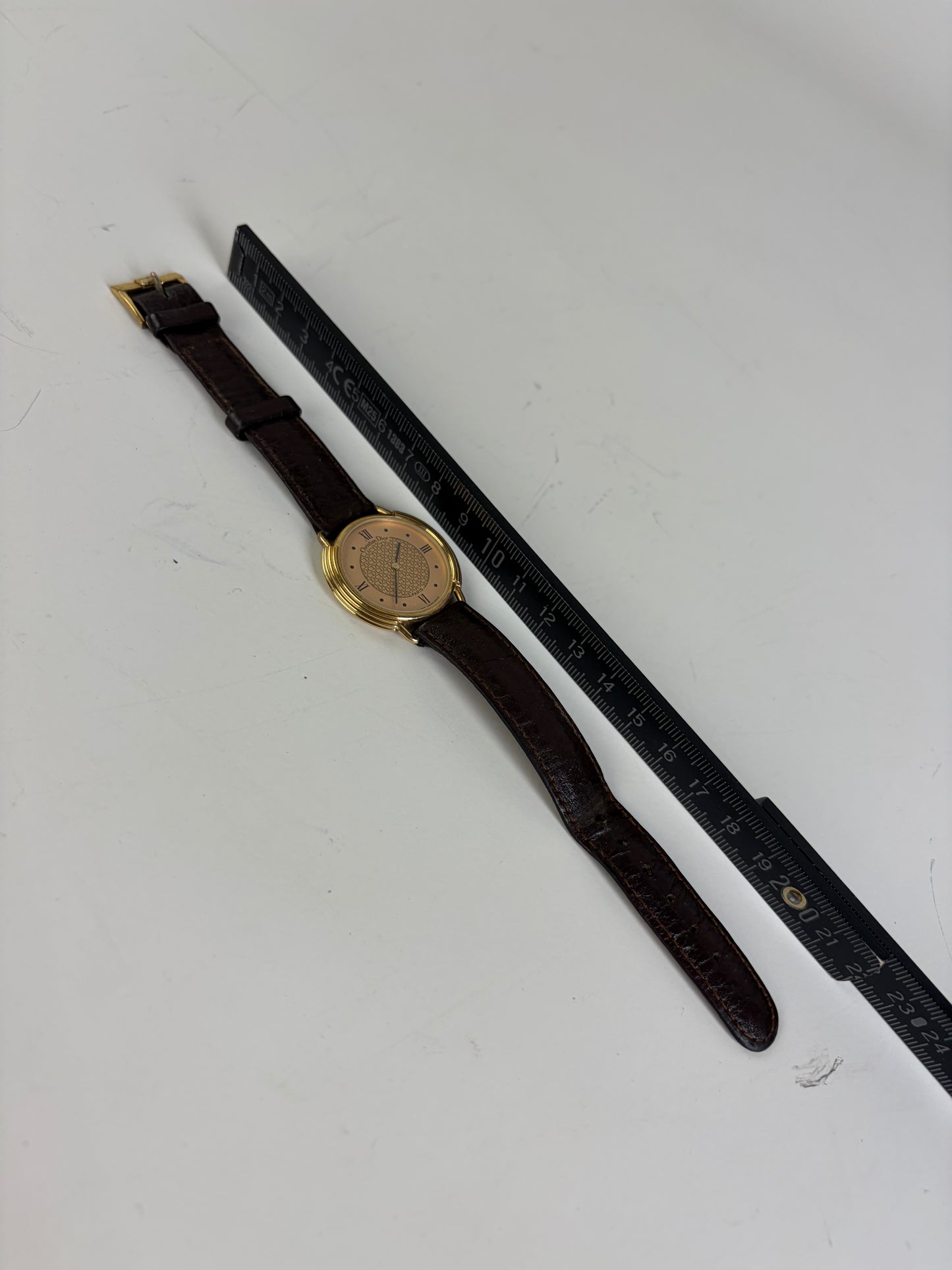 Vintage Dior Bracelet Watch Gold-Tone Brown Leather c. 1990s