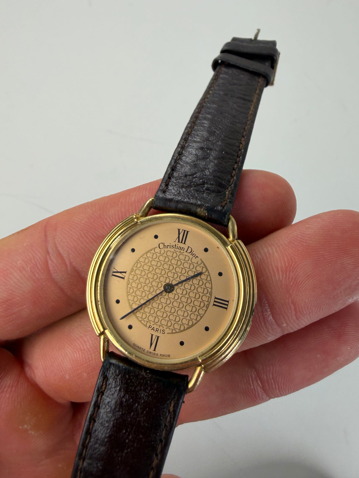 Vintage Dior Bracelet Watch Gold-Tone Brown Leather c. 1990s