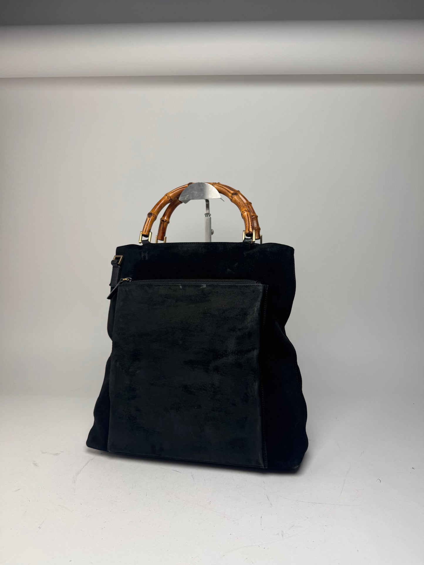 Vintage Gucci Bamboo Top Handle Suede Leather Bag black