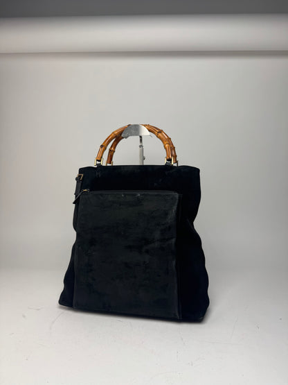 Vintage Gucci Bamboo Top Handle Suede Leather Bag black