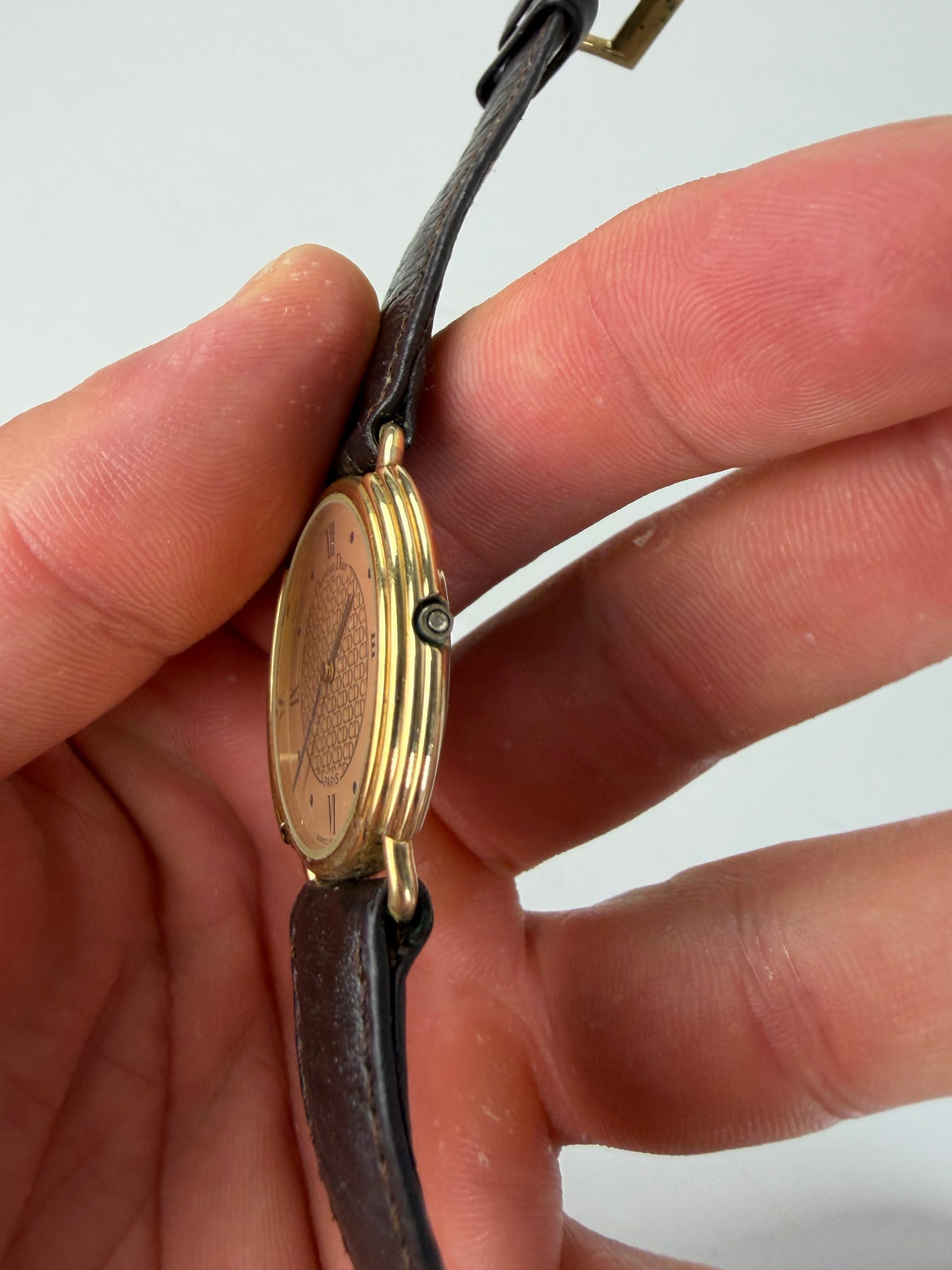Vintage Dior Bracelet Watch Gold-Tone Brown Leather c. 1990s
