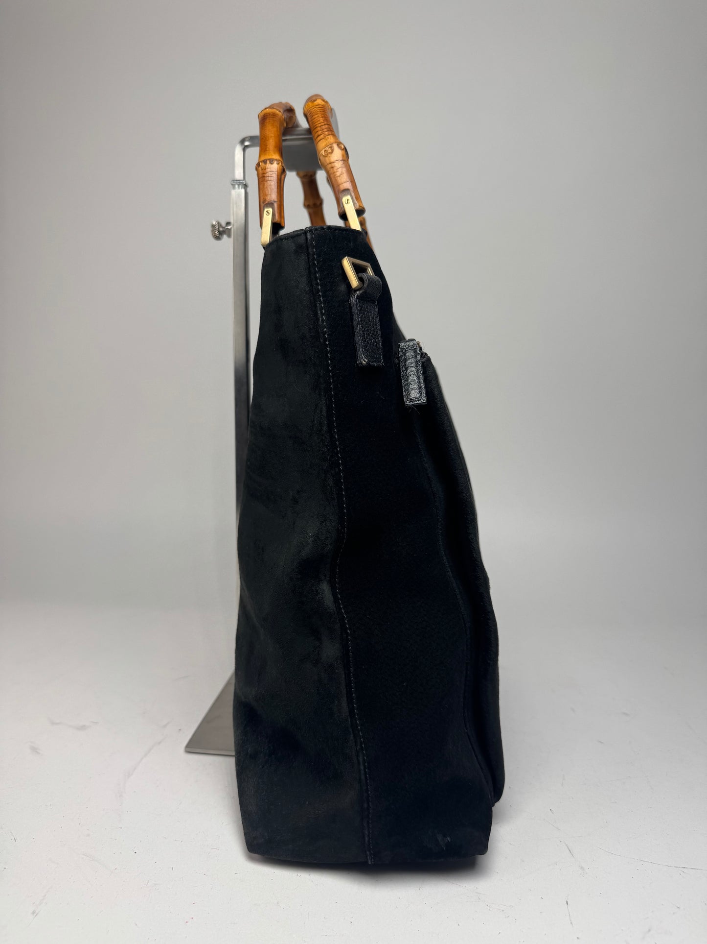 Vintage Gucci Bamboo Top Handle Suede Leather Bag black