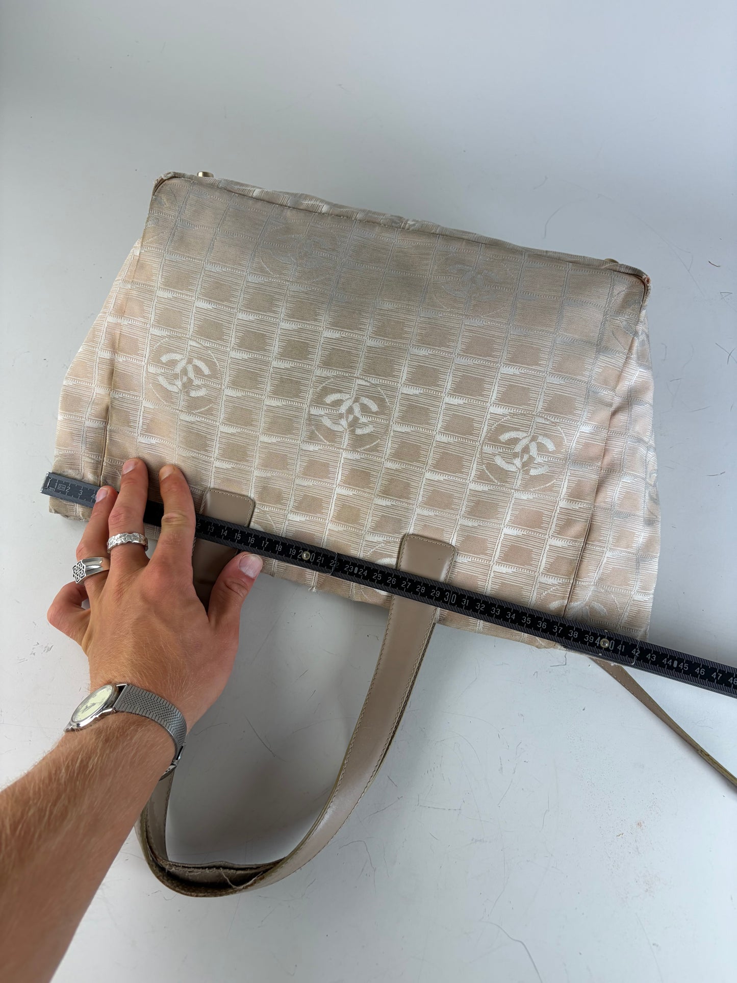 Vintage Chanel Fabric Tote Bag Beige Cream Gold