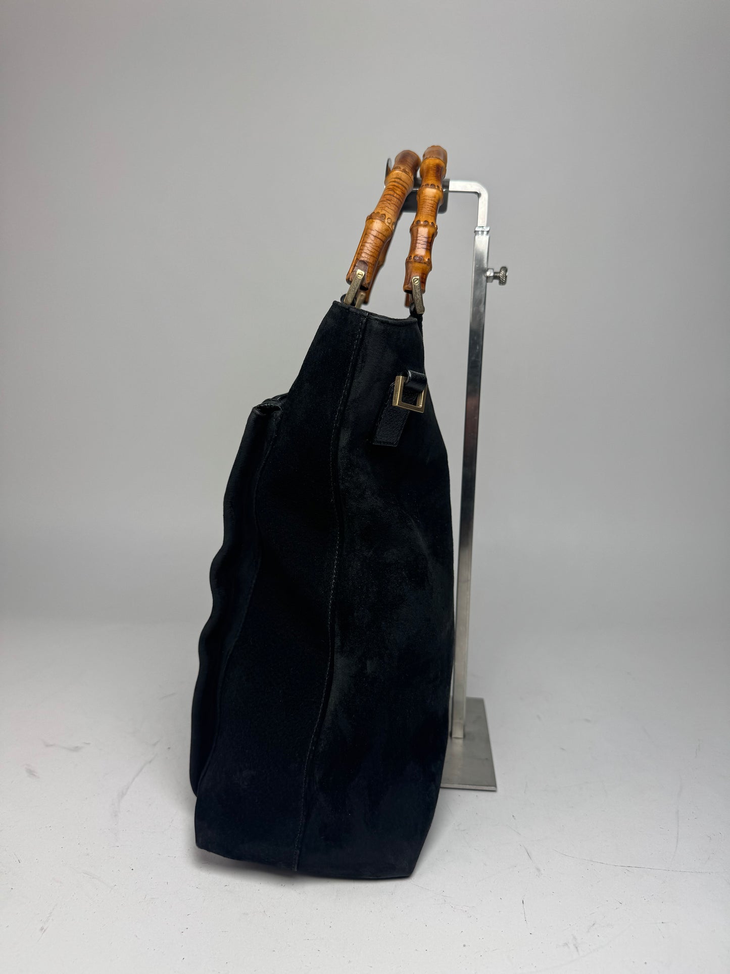 Vintage Gucci Bamboo Top Handle Suede Leather Bag black